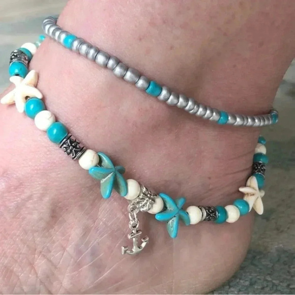 Nice Quality Turquoise & White Agate Anchor Sea Summer Beach Ocean Anklet New - Picture 2 of 4